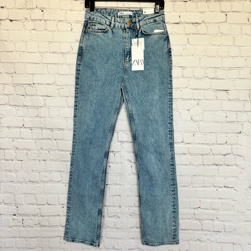 ZARA High Rise Full Length Straight Leg Blue Jeans--6 - Picture 3 of 16